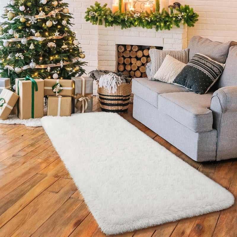 HOMORE 2x6 Runner Rugs for Bedroom, White Runner Rug for Hallway Entryway Laundry, Modern Shag Bedroom Runner Cute Carpets for Kids Dorm Bedside, Ivory - Image 2